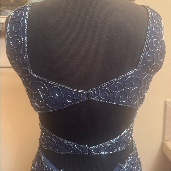 VINTAGE SILK CACHE Sequin 100% Silk Navy Blue Dress SM Formal Slit Floor Length - Picture 6 of 16